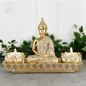 Gold Thai Meditating Buddha With 2 Tealight Holders